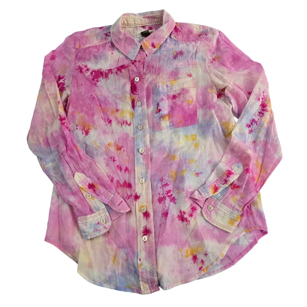 Pilcro Anthropologie Tie Dye‎ Button Up Shirt XS Cotton Pink Yellow Casual